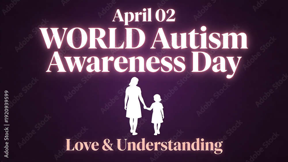 Obraz premium The white silhouette of adults holding hands with children represents the scene of advocating for World Autism Awareness Day, caring for the autism community, and promoting public welfare. 