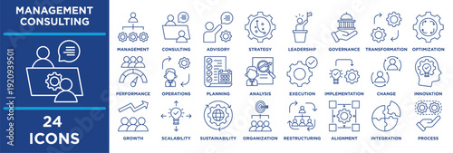 Management Consulting icon set featuring management, consulting, advisory, strategy, leadership, governance, transformation, optimization, performance, efficiency, operations. line blue