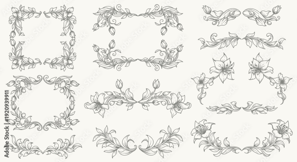 Obraz premium Elegant Floral Vector Frames, Borders, Corners and Decorative Elements Collection