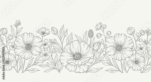 Elegant Hand-Drawn Floral Border with Poppies and Leaves - Artistic Vector Design
