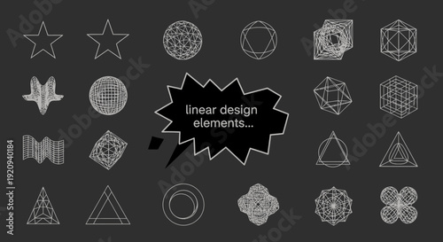 Abstract Geometric Wireframe Shapes and Forms Collection on Dark Background
