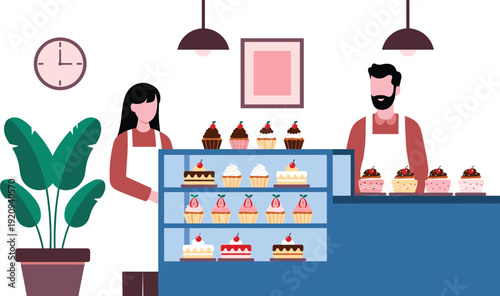 Bakery shop interior with pastry display counter, barista and customer service staff vector illustration flat design