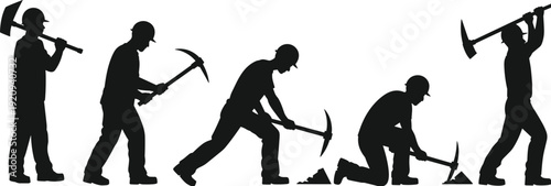 Coal miner worker silhouette sequence with pickaxe actions, mining industry labor vector illustration isolated on white background, industrial occupation concept design