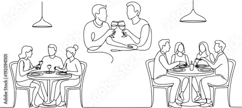 Happy family together in restaurant, couple on romantic date. People in cafe, friends in restaurant. one line art icon drawing vector