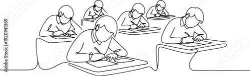 students are sitting at their desks for the exam one line drawing. one line art icon drawing vector