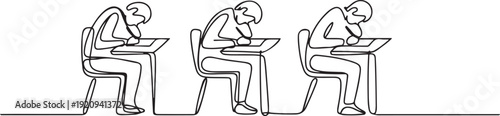 students are sitting at their desks for the exam one line drawing. one line art icon drawing vector