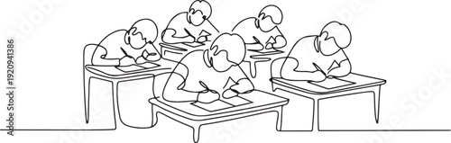 students are sitting at their desks for the exam one line drawing. one line art icon drawing vector