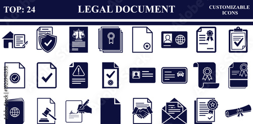 Legal Document Icon Set: 24 Centimeter Law and Compliance Symbols