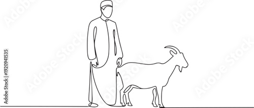 Continuous line drawing of muslim man with goat, sheep, lamb for islamic sacrifice event. one line art icon drawing vector