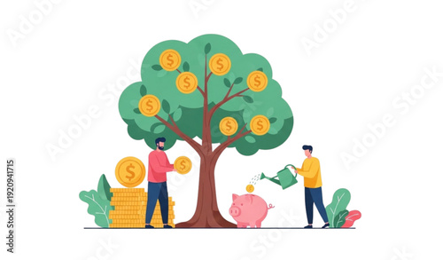 Financial Growth Illustration – Money Tree with Coins, Piggy Bank and Man Watering Vector