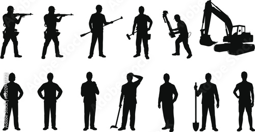 Construction worker and armed guard silhouette collection with tools and excavator, industrial labor team vector illustration isolated on white background