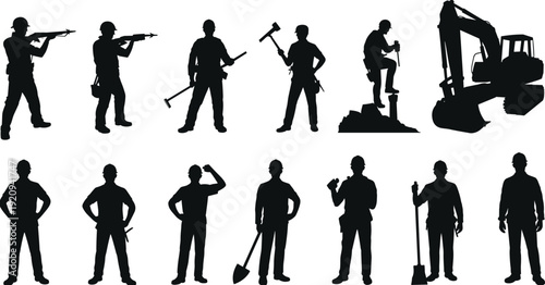 Construction worker and armed soldier silhouette set with tools and excavator machinery, industrial labor vector illustration isolated on white background