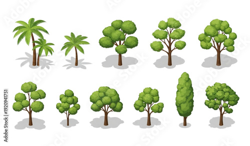 Architectural Isometric Tree Set – Palm and Deciduous Green Trees with Soft Shadows Vector