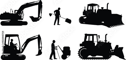 Construction machinery and worker silhouettes collection, excavator and bulldozer operators with shovel tools, heavy equipment vector illustration isolated on white background