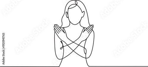 Continuous single one line art drawing of woman crossing hands gesture say no stop rejection ban or enough. one line art icon drawing vector