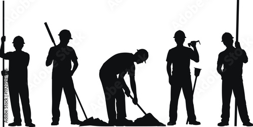 Construction worker silhouette collection, builders holding shovel and pickaxe tools, manual labor poses in industrial engineering concept, vector illustration isolated on white background