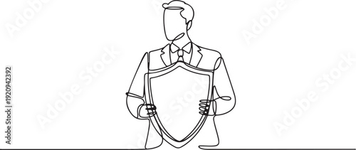 Continuous single one line drawing art of businessman holding shield protection security. one line art icon drawing vector
