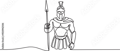 Continuous single line sketch drawing of knight warrior sparta armor protection. one line art icon drawing vector