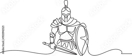 Continuous single line sketch drawing of knight warrior sparta armor protection. one line art icon drawing vector