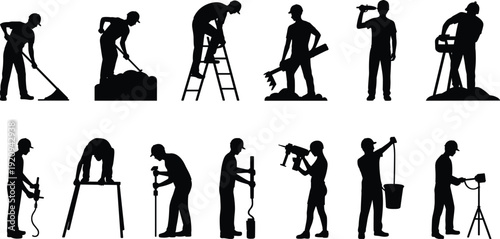 Construction worker silhouette set, builders using drill, jackhammer, ladder and shovel tools, industrial labor vector illustration isolated on white background