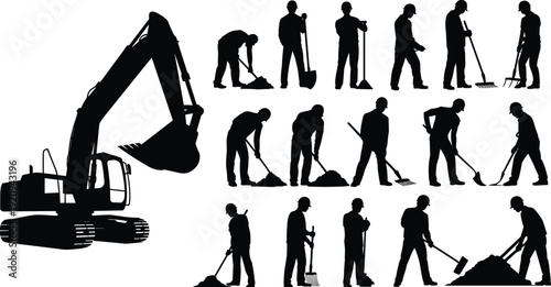 Construction worker silhouettes collection with excavator machine, builders digging and raking with shovel tools, heavy equipment industrial vector illustration isolated on white background