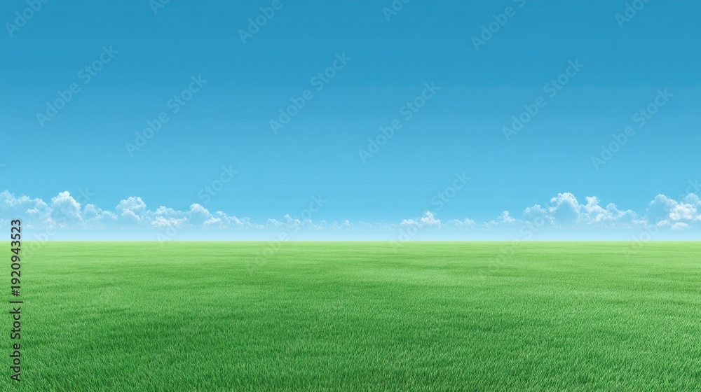 Obraz premium Lush Green Grass Field Under Bright Blue Sky with Soft White Clouds in the Background on a Clear Day