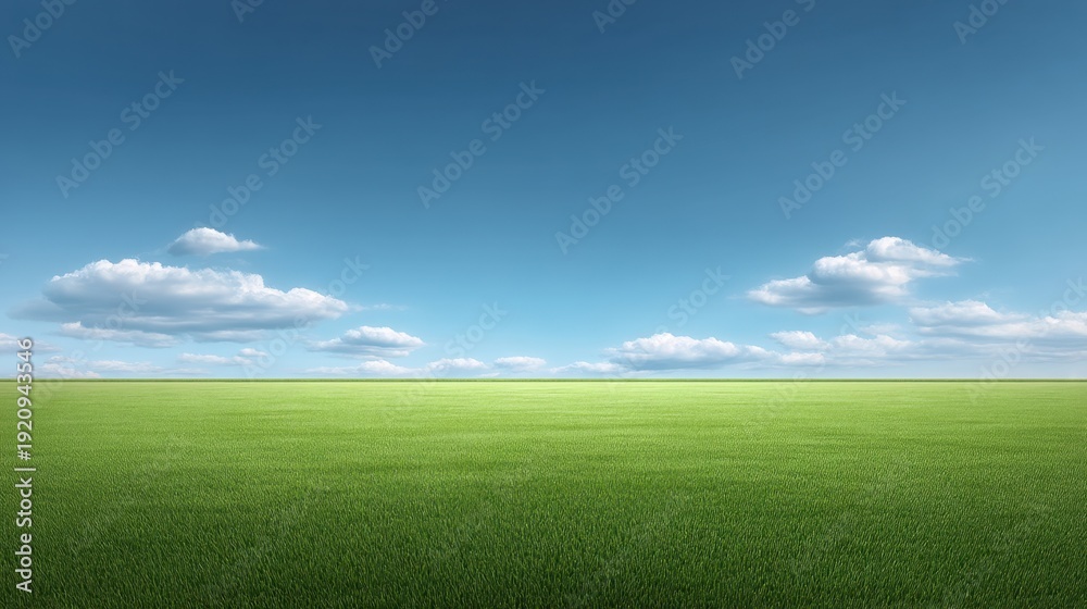 Fototapeta premium Vast Green Field Under a Clear Blue Sky with Soft White Clouds and a Serene Atmosphere Perfect for Nature and Landscape Themes