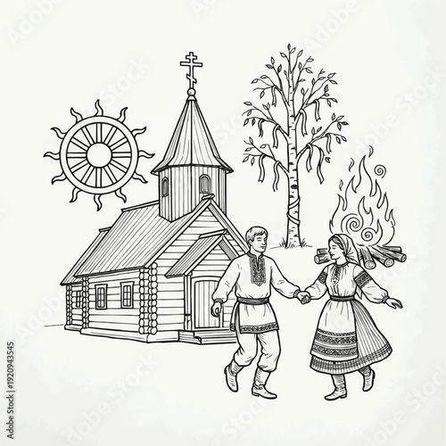 Traditional Slavic couple holding hands, celebrating, near wooden church and nature background
