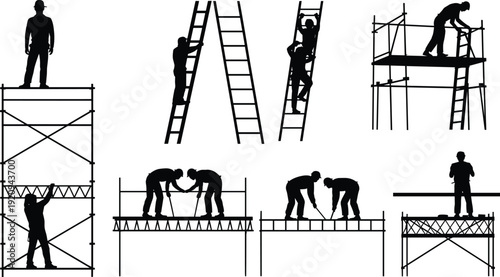 WebConstruction worker silhouettes on ladders and scaffolding platforms, builders assembling structure at height industrial vector illustration isolated on white background