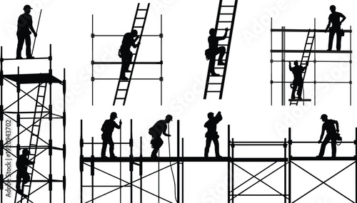 Construction worker silhouettes on ladders and scaffolding, builders climbing and working at height on building site industrial vector illustration isolated on white background