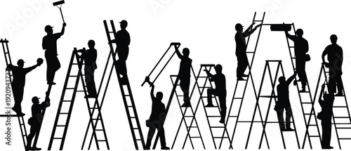 Construction worker silhouettes on ladders painting and repairing, professional builders teamwork vector illustration isolated on white background for industrial maintenance design