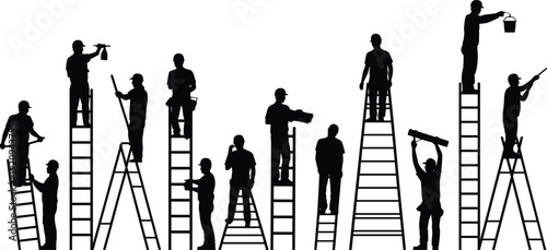 Construction worker silhouettes on ladders painting and repairing walls, professional builders and handymen vector illustration isolated on white background for renovation design