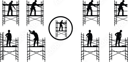 Construction worker silhouettes on scaffolding platforms performing building tasks, industrial maintenance vector illustration isolated on white background
