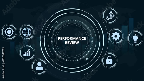 Performance review concept for work evaluation with icon of performance, rating, evaluation, feedback, achievement, reward, and survey.