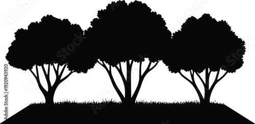 Black silhouette illustration of three trees with dense canopies, nature landscape vector design for environment, ecology, outdoor scenery themes