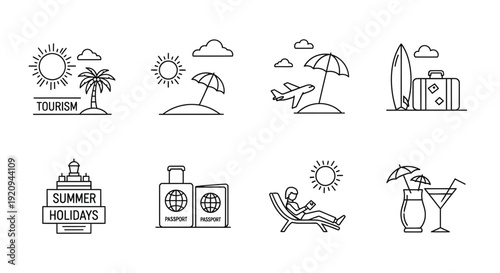 Line art icons depicting various summer vacation and travel elements