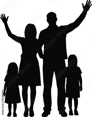 Black silhouette of family with parents and children holding hands, unity celebration togetherness concept, expressive illustration design