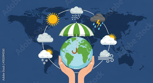 World Meteorological Day Global Climate Protection Concept with Hands Holding Earth Under an Umbrella, Symbolizing Environmental Care Amidst Diverse Weather Phenomena on a World Map Background