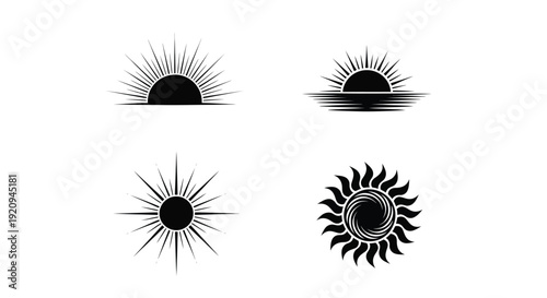 Four minimalist black sun designs representing different solar stages