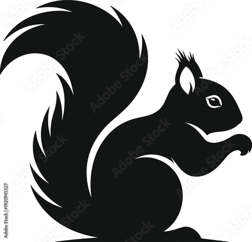 Black silhouette of squirrel sitting with bushy tail curled upward, stylized vector illustration for wildlife, nature, animal, decorative themes