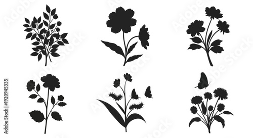 Black silhouettes of various flowering plants and leafy branches
