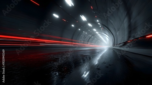 A long dark tunnel illuminated by bright lights creating a sense of speed and movement as vehicles travel through it at high velocity
