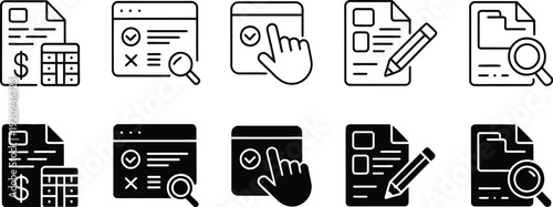 Check and audit icon vector set, verification, checklist, approval, and inspection symbols in two different styles for business validation, security review, compliance, and UI design applications