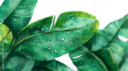Close up of vibrant green tropical foliage with glistening water droplets showcasing the natural beauty and freshness of the plant life