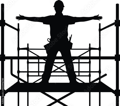 Construction worker standing on scaffolding platform silhouette, industrial builder safety concept vector illustration isolated on white background for engineering projects