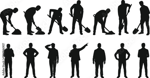 Construction workers digging and standing silhouettes collection, industrial labor and building site activity concept vector illustration isolated on white background
