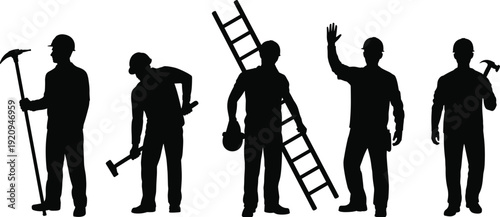 Construction workers holding ladder and tools silhouettes set, industrial building and maintenance concept vector illustration isolated on white background