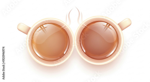 Two steaming beige coffee cups side by side on white background warm beverage