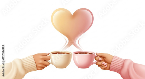 Two friends clinking coffee cups with heart shaped steam rising up on a white background