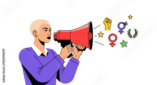 Woman with megaphone spreading empowerment and equality messages with gender symbols and stars